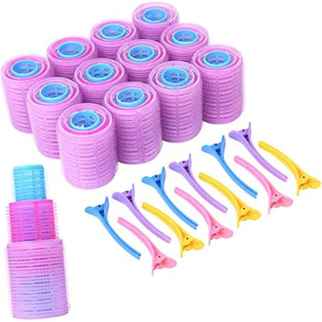 +12 pinces en plastique, fer à friser et bigoudis de style européen et américain, sans chauffage, fer à friser pour frange, fer à friser auto-adhésif à trois couches. (1/4)