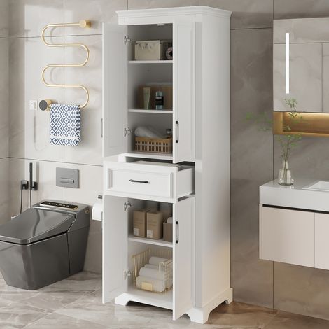 DESMIU Armoire de salle de bain 2 portes et 1 tiroir avec étagères réglables, style minimaliste, pour salle de bain, en MDF, blanc, 60 × 40 × 180 cm (1/5)