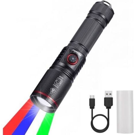 Ecleanfy-SV96 RGBW 4 Couleurs Multicolore LED Lampe Torche Rechargeable USB C Blanc Vert Lumière Bleue, Lampe de Poche Rouge Stroboscopique Zoom avec Batterie incluse pour Nuit, Animal, Astronomie (1/5)