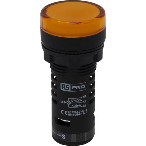 Voyant lumineux complet avec circuit de test LED RS PRO Jaune 12 V c.a./c.c., Ø découpe 22mm, IP65 ( Prix pour 1 ) (1/4)