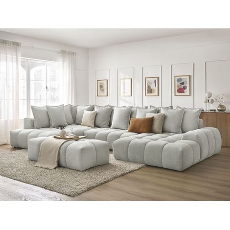 BOBOCHIC - Canapé panoramique convertible coffre EVEREST tissu texturé avec pouf Angle droit Gris clair (1/5)