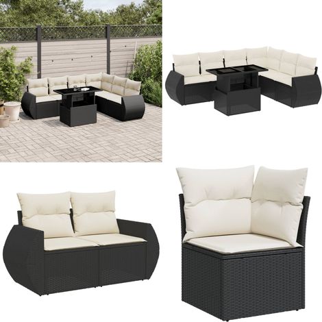 Salon de jardin 7 pcs avec coussins noir résine tressée - Ensemble Salon De Jardin - Meuble Extérieur - Jardin Design - Mobilier Résistant Aux Intempéries - Chaise Lounge - Home & Living (1/5)