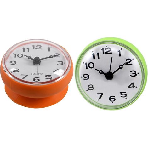 2 horloges étanches de 7 cm pour cuisine, salle de bain et douche, à ventouse, orange et verte. (1/5)