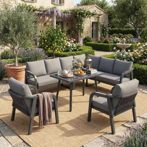 Garten-Essgruppe, Gartenmöbel-Set, Bietet Platz für bis zu 8 Personen,Geflochtene Arm- und Rückenlehnen, verzinkte Stahlrohre, Beinhaltet ein Ecksofa, einen Esstisch und zwei Sessel, Farbe: Grau
