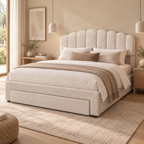 Lit double coffre 140x200, Lit avec Sommier avec 1 tiroir, Lit rembourré 2 Personnes avec USB et Type c, Tête de élastique Réglable en Hauteur, beige, velours, sans matelas