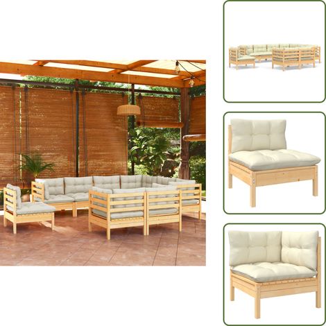 9-tlg. Garten-Lounge-Set mit Creme Kissen Massivholz Kiefer - Gartenzubehör - Lounge Set - Gartenmöbel - Esstisch - Outdoor Möbel (1/5)