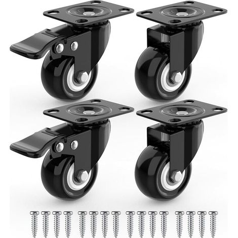4 roulettes pivotantes pour meubles, dont 2 avec freins et vis - 50 mm, jusqu'à 100 kg - Roulettes non marquantes pour charges lourdes - Roues en caoutchouc pour chariots - Noir