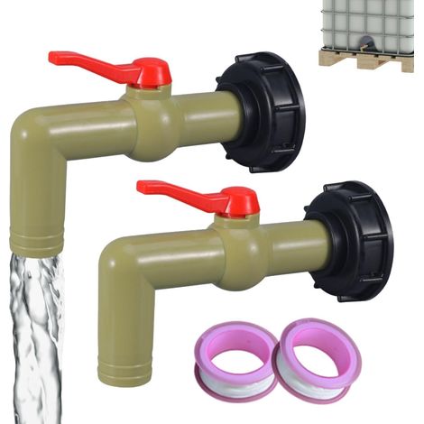Lot de 2 robinets IBC, robinet à boisseau sphérique 1" avec adaptateur S60 x 6 filetage grossier et douille de 32 mm, DN40/50, accessoire de réservoir IBC pour conteneur de 1000 l, réservoir (1/5)