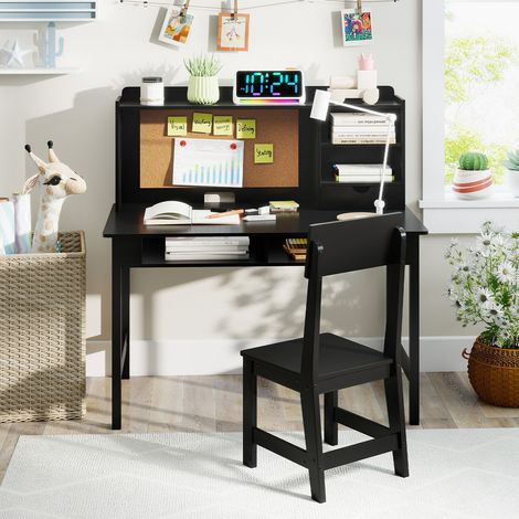 Bureau enfant noir en bois avec chaise, tableau en liège, tiroir et étagères, pour chambre, coin étude et activités créatives (1/5)