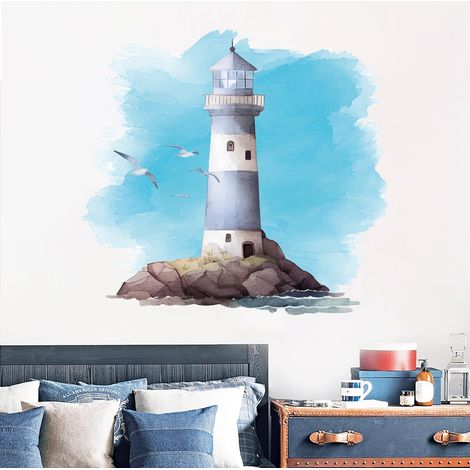 Stickers Muraux Phare,Autocollant Mural Sous Marine Nautique Mouette Décoration Murale Salon Salle de Bain,Sticker Mural Chambre Enfants Bébé Pépinière Salon (1/5)