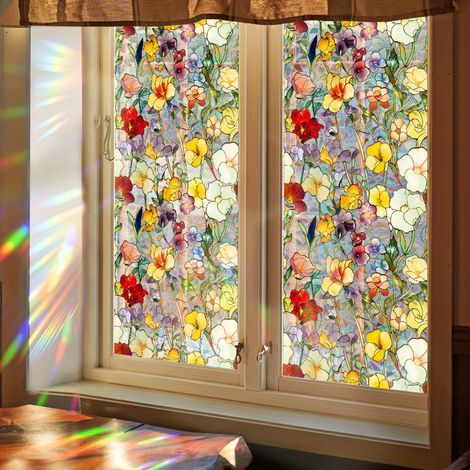 Film de confidentialité pour fenêtre en verre, autocollants vintage à fleurs colorées, décoration de pare-soleil pour salon et chambre à coucher (1/5)
