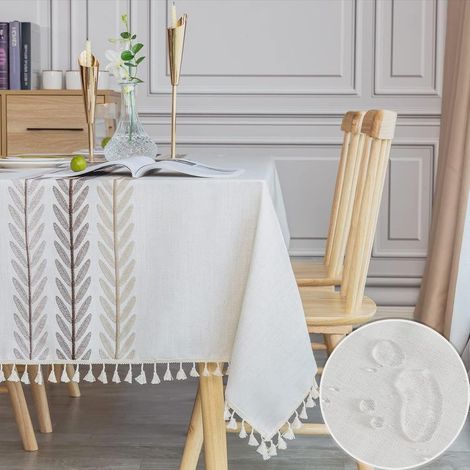 Nappe rectangulaire en lin et coton résistant, imperméable, style campagnard, douce et infroissable, avec pompons, 140 x 178 cm, 4 à 6 couverts (1/5)