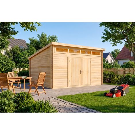 Tuinhuis model Maria-Viva28 van de Marktleider ✓Achteraf betalen ✓Gratis Levering ✓5 Jaar Garantie ✓Beste Onlineshop Tuin 2022 Naturel , 28 mm Épaisseur paroi 449 x 427 cm (1/5)