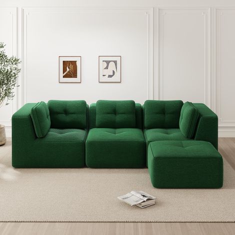 Canapé d'angle en L modulable avec pouf velours côtelé vert, 3 places assise profonde, sans assemblage