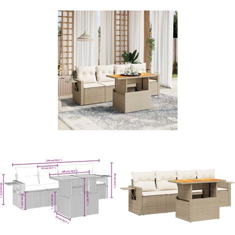 Salon de jardin avec coussins 5 pcs beige résine tressée - Ensemble Salon De Jardin - Meuble Extérieur - Résine Tressée - Rotin Synthétique - Table Extensible - Home & Living (1/3)