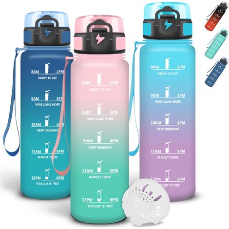 Gourde Sport 1 litre, Anti Fuite Gourdes avec Filtre, Verrou de Sécurité, Gourde Graduée pour 1 Journee, Bouteille Motivation avec Marqueur de Temps pour Voyages, Bureau, Cyclisme (1/5)