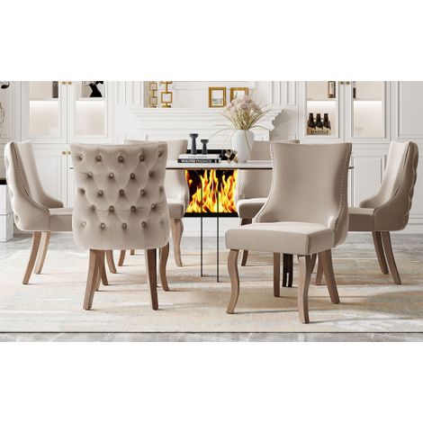 Chaises de salle à manger (chaises de salon, lot de 6) — Assises rembourrées avec finition cloutée, revêtement en velours et pieds courbes en bois massif — Beige (1/4)