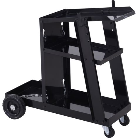 Carro de soldadura, 3 estantes, cadena de seguridad, 4 ruedas, acero, 71 x 39 x 70 cm, negro