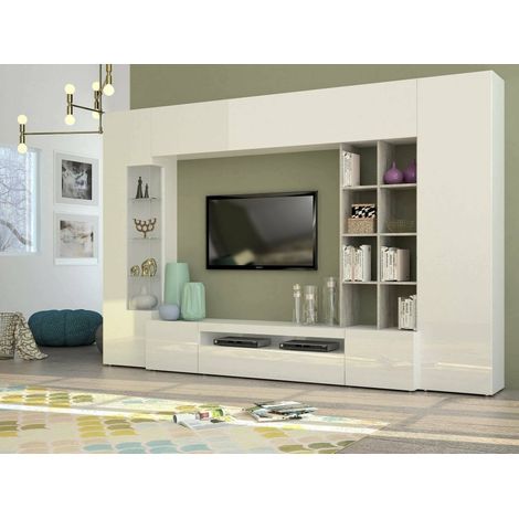 Dmora Sistema de pared para salón, Made in Italy, Base de soporte para TV, muebles altos y estantes, Juego de salón moderno, 290x40h192 cm, Color blanco brillante y cemento, con embalaje reforzado (1/5)
