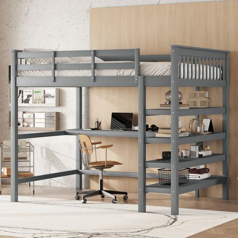 Cama alta infantil 140x200 cm de pino y MDF gris con escritorio, sin colchón – MEUBLIV (1/5)