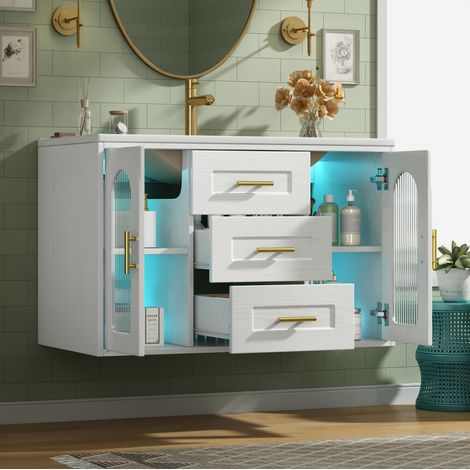 Mueble de baño con lavabo (76x46x55 cm), montado en pared, con LED, cajones y baldas regulables, MDF y vidrio blanco (1/5)