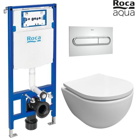 Bastidor empotrado ROCA Duplo cisterna empotrada y pulsador PL1 dual cromo brillo con inodoro suspendido SWISS blanco brillo Soft-Close (1/5)