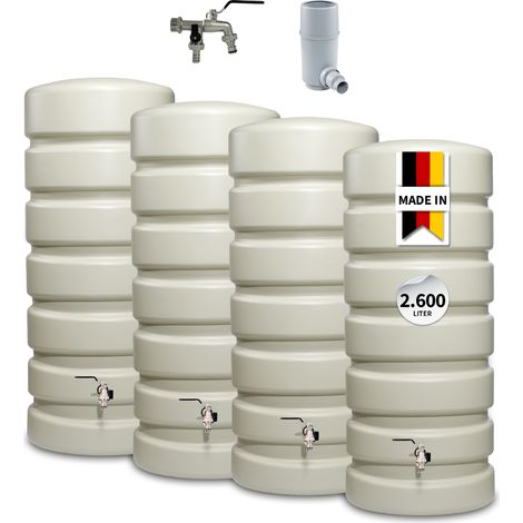 4rain CLASSIC Regentonne Wandtank-SET Komplett-Set 2600 L sandbeige, 4 x CLASSIC 650 Liter inkl. Verbinder und Fallrohranschluss (1/5)