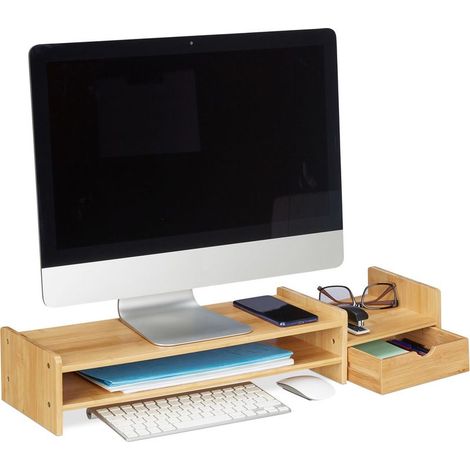 Support pour moniteur en bambou, rehausseur d’écran, tablette PC, espace rangement, HLP 12x70x19 cm, naturel (1/5)