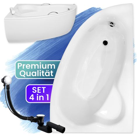 Badewanne Eckbadewanne 150x100 Rechts mit AcrylSchürze, Ablaufgarnitur & Füßen GRATIS - Komplettset 4in1 Original Acryl Wanne Siphon - BADLAND NATALIA (1/5)