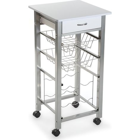 Carrello da Cucina con Piano Lavoro bianco Cassetto Ripiano e Porta Bottiglie Carrello 4 ruoteMultifunzionale in Legno e Metallo (1/5)