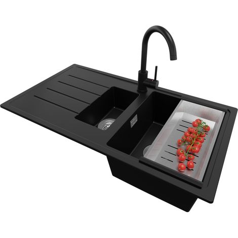 PRIMAGRAN Evier Cuisine en Granit 90x50cm,Lavabo 1,5 bacs + Robinet 32x20cm + Kit de Vidage, Évier à Encastrer au Meuble 60cm - Copenhague Duo, Noir
