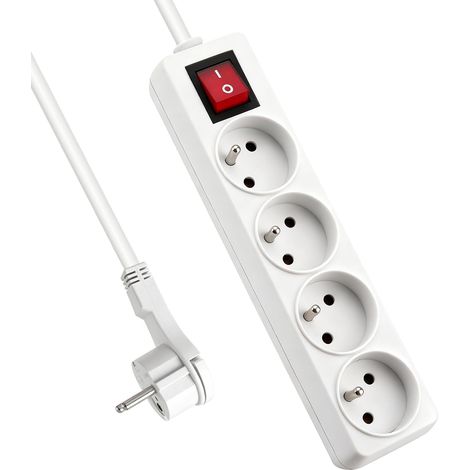 Bloc Multiprise 4 Prises 16A avec Interrupteur, Fiche Plate 3.0 m Blanc (1/5)