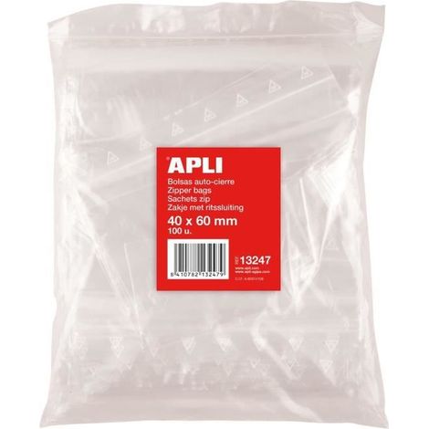Sachets plastiques refermables - APLI - Pack 100 - 40 x 60 mm - PE 50µ - Fermeture sécurisée (1/2)
