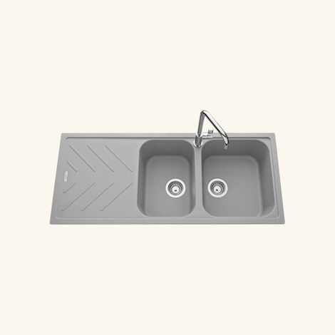 Évier granit gris 116x50 cm à encastrer – 2 bacs réversibles – Bonde et siphon inclus – Pour meuble sous évier 80 cm minimum – Luisina (1/4)