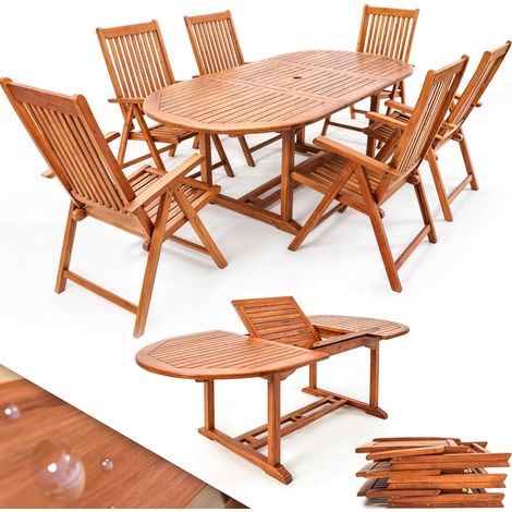 Ensemble salon de jardin 7 pièces pour 6 personnes, bois d’eucalyptus certifié FSC, table ovale extensible 200cm avec trou pour parasol, 6 chaises pliables à accoudoirs, charge 160kg par chaise (1/2)