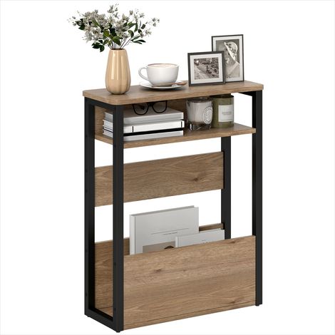 Table de chevet design industriel noyer et noir, 2 étagères, 46x18x58,5 cm (1/5)
