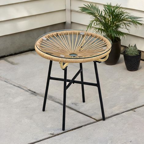 Table d'appoint ronde 50 cm en rotin PE et verre trempé en rattan (1/5)