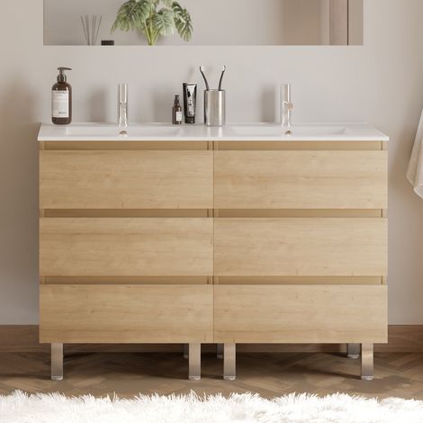 Meuble de salle de bain 120cm double vasque - sans miroir - 6 tiroirs - nebraska (bois clair) - MAYOR