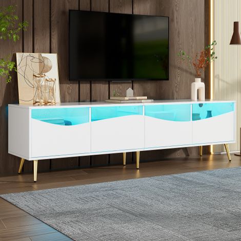 Meuble TV moderne 180 x 40 x 50 cm avec éclairage LED, structure blanche, pieds en métal doré, façade en verre et espace de rangement – meuble bas élégant pour le salon