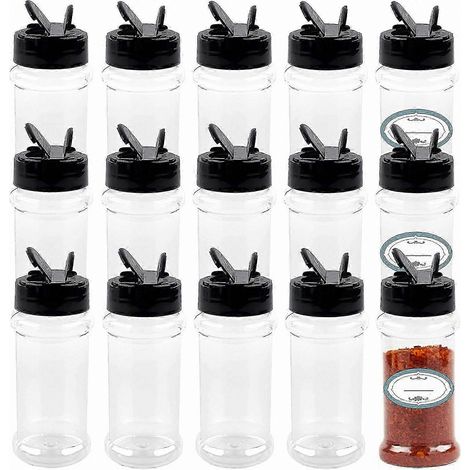 Ensemble de 14 pots à épices transparents de 85 g avec couvercles saupoudreurs et étiquettes. (1/4)