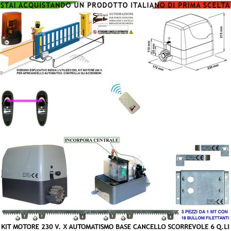 Automazione Cancello Scorrevole da 6 Q.li Kit Motore Elettrico 230 V Con Centrale Radiocomando Faro Fotocellula Fine Corsa Accessori Fissaggio Condensatore Pignone Z12 3 Metri di Cremagliera in Nylon