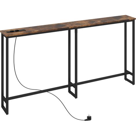 Table console étroite avec prises AC et USB meuble d'entrée style industriel marron rustique et métal noir 160x20x80cm (1/5)