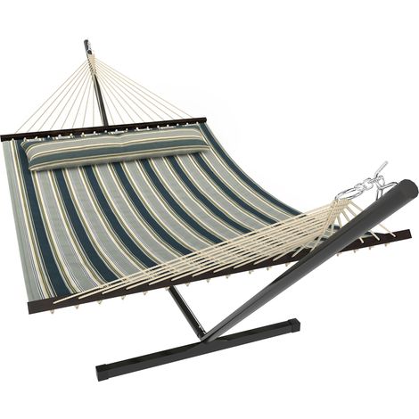 Hamac sur pied 353 cm avec support acier, coussin amovible et barres d'écartement - Vert (1/5)