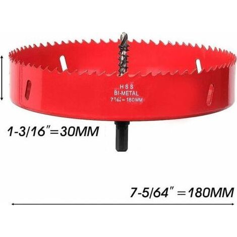 Scie cloche 180 mm, acier rapide HSS M42 bi-métal, fraise à trous avec tige hexagonale et foret pour bois, cloison sèche et tôle métallique, 1 pièce, rouge (1/4)
