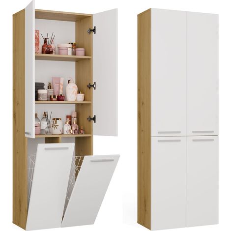 NEL 2k dd mobile bagno - 3 mensole, 2 cesto portabiancheria - 60x174x30 cm - rovere artisan bianco (1/5)