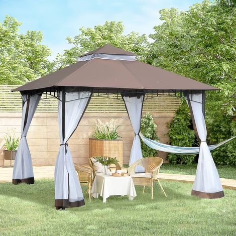 Gazebo de jardin 3x3m avec moustiquaire. Toit à deux niveaux et structure métallique marron.