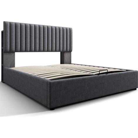 Polsterbett Stauraum Doppelbett LED App-Control Bett mit aufladen USB Type C Ladefunktion, Stauraum & Verstellbares Kopfteil ,Lattenrost aus Holz (Ohne Matratze)