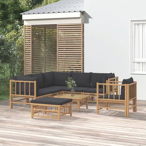 Salon de jardin 8 pcs avec coussins gris foncé bambou (1/5)