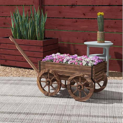 Bac à fleurs sur chariot en bois avec poignée, jardinière mobile rétro, 34 L, 4 roues, drainage intégré, finition carbonisée  CHICFURN (1/5)