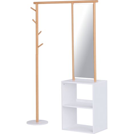 Appendiabiti, mobile da ingresso, armadio con specchio, 4 ganci, 2 nicchie, dimensioni 100L x 34W x 164H cm, MDF bianco, legno massello di bambù
